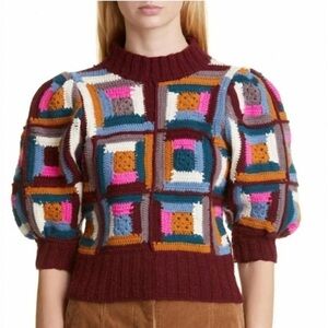 SEA New York Bubble Sleeve Crochet Knit Short Sleeve Wool Sweater Pink size 6